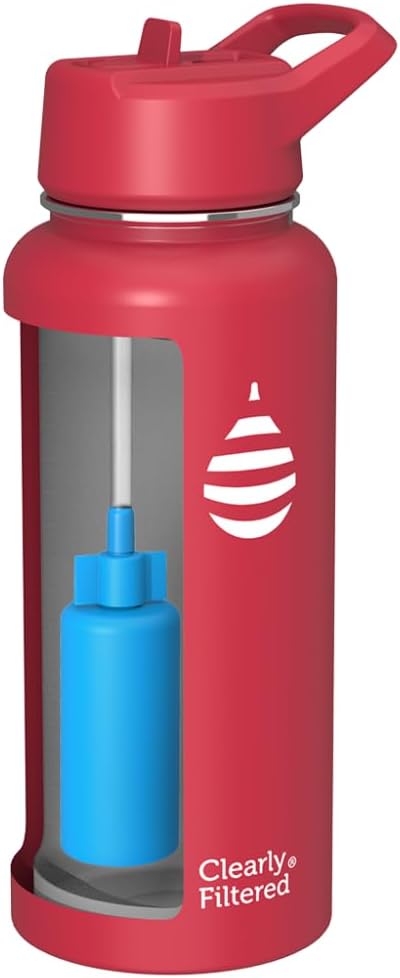 Clearly Filtered Water Bottle | Removes 220+ Contaminants, Double-Wall Insulated Stainless Steel, BPA/BPS Free, Phthalate Free, Filters Flouride Lead Chlorine (32oz, Crimson)