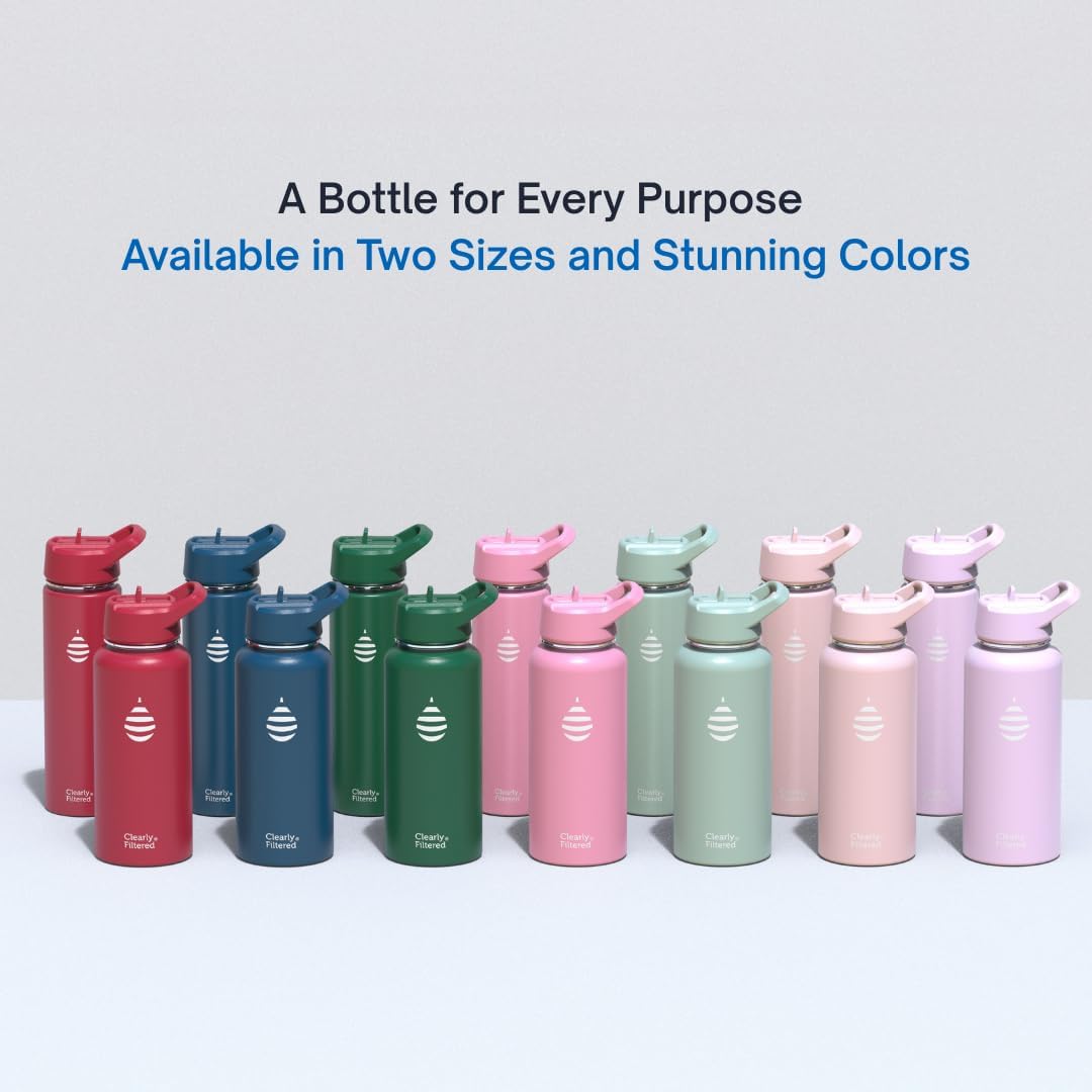 Clearly Filtered Water Bottle | Removes 220+ Contaminants, Double-Wall Insulated Stainless Steel, BPA/BPS Free, Phthalate Free, Filters Flouride Lead Chlorine (32oz, Crimson)