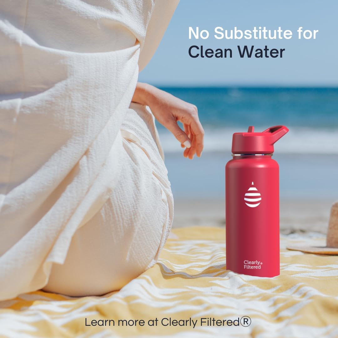 Clearly Filtered Water Bottle | Removes 220+ Contaminants, Double-Wall Insulated Stainless Steel, BPA/BPS Free, Phthalate Free, Filters Flouride Lead Chlorine (32oz, Crimson)
