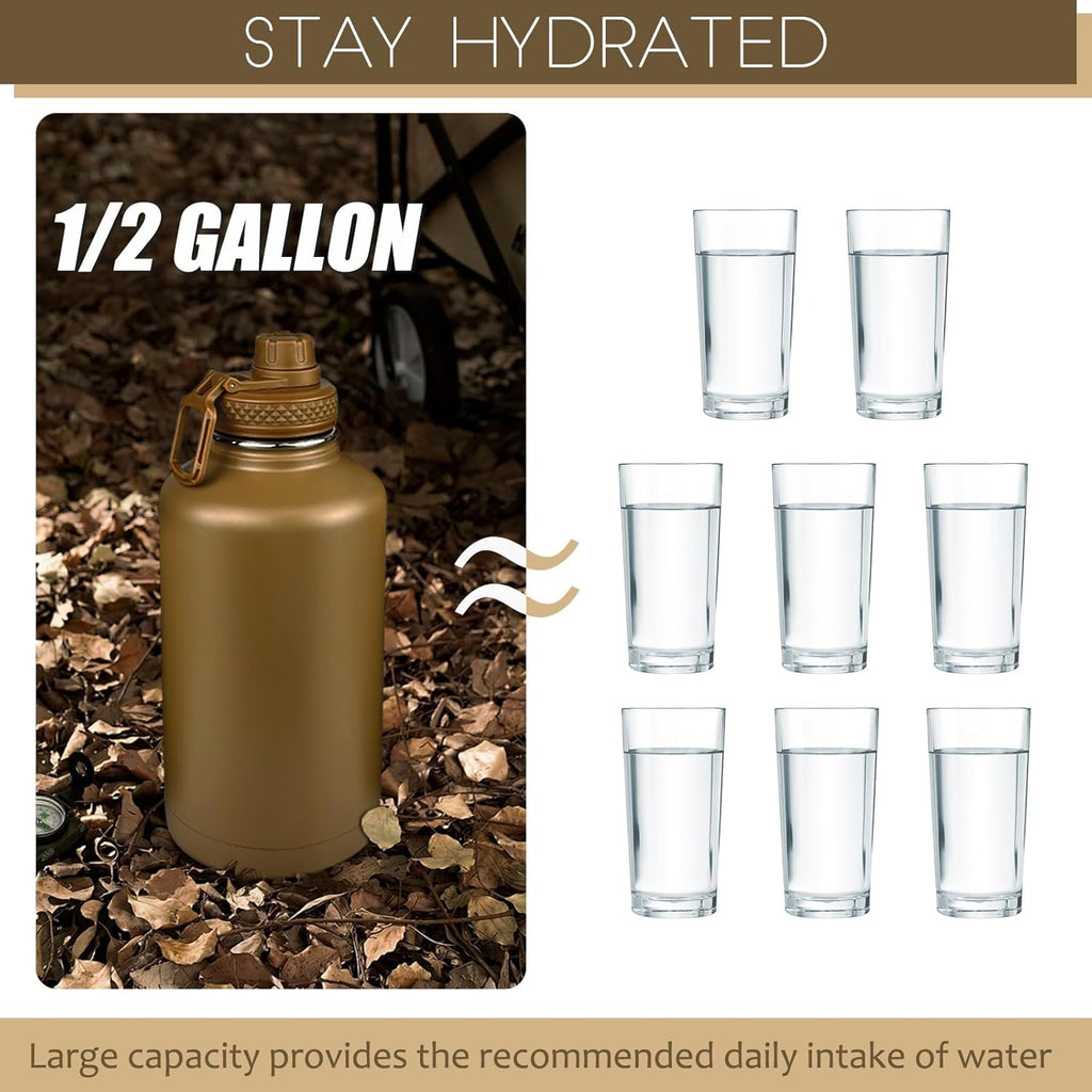 Half Gallon Water Bottle with Sleeve - 64 Oz Insulated Water Jug with Handle - Green Stainless Steel Sports Water Bottle for Gym Workout Hiking Tactical Bottle Holder with Pouch Khaki