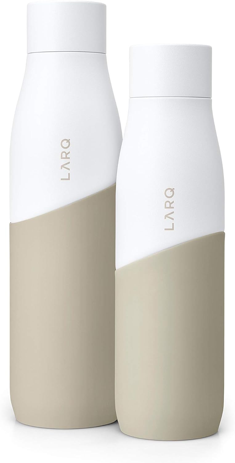 LARQ Bottle Movement PureVis 32 oz - Lightweight Self-Cleaning and Non-Insulated Stainless Steel Water Bottle with UV Water Purifier, 1-Year Warranty, White/Dune