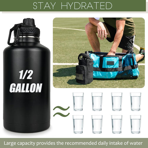 64 Oz Water Bottle with Sleeve - Half Gallon Big Insulated Water Jug with Strap Stainless Steel Gym Water Bottles for Men Sports Workout Hiking All Black
