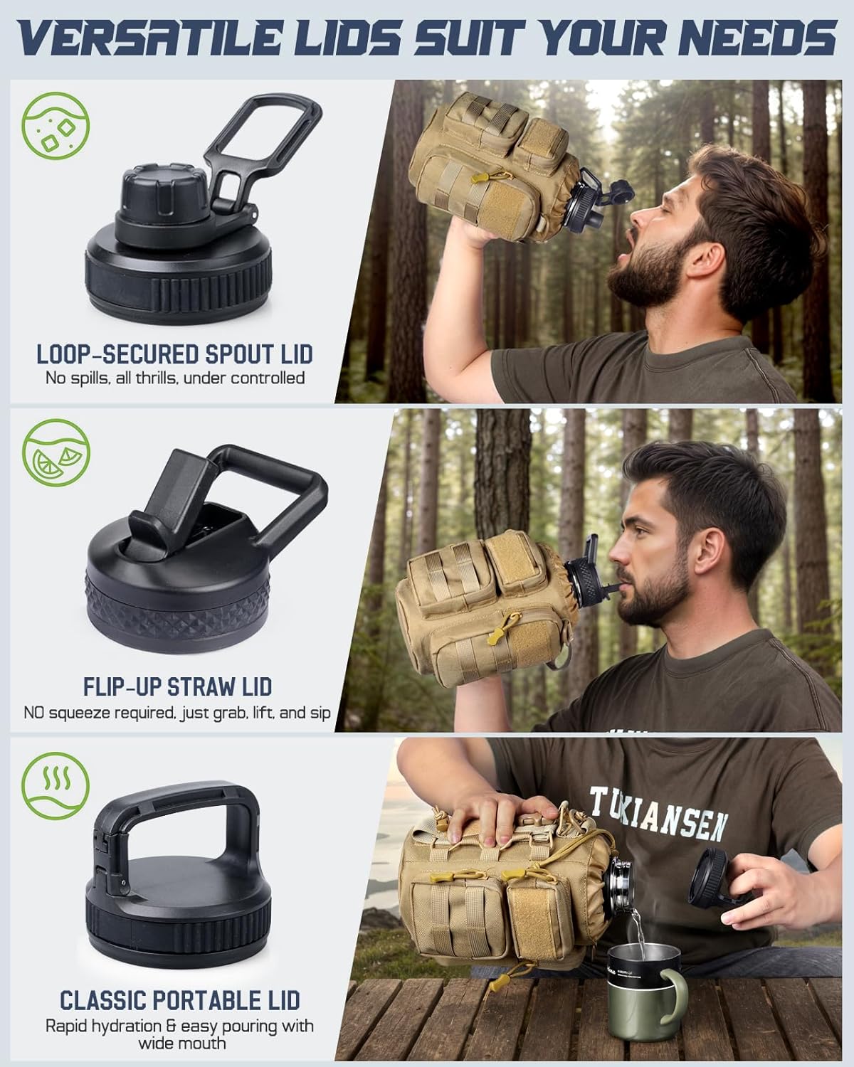 64 oz Insulated Water Bottle with Sleeve, Half Gallon Stainless Steel Tactical Water Jug Large Military Water Bottle with 3-IN-1 Pouch/3 Lids/Straw/Paracord Handle for Gym, Camping, Workout