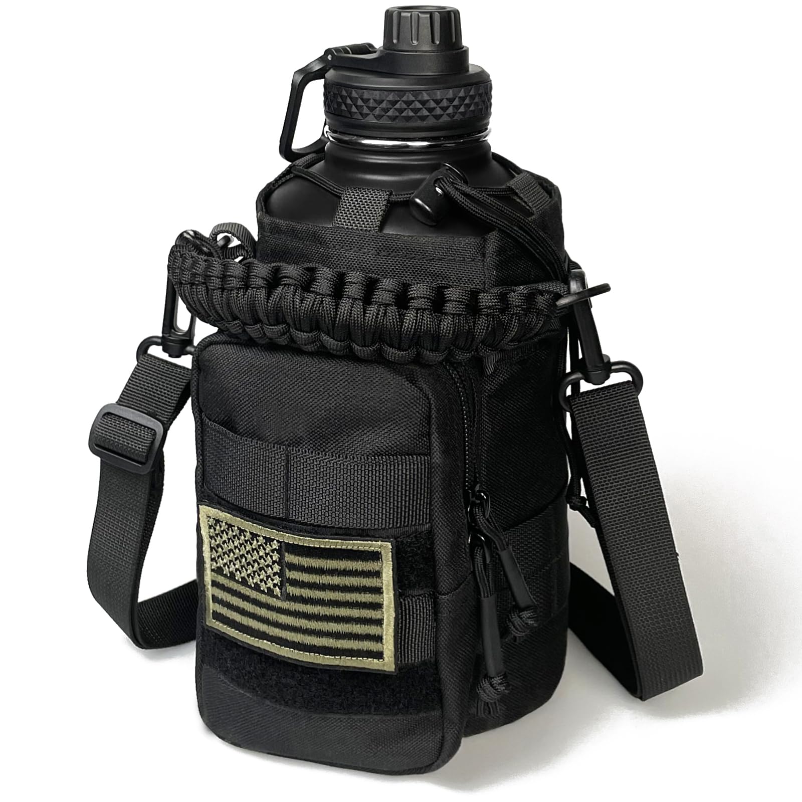 64 Oz Water Bottle with Sleeve - Half Gallon Big Insulated Water Jug with Strap Stainless Steel Gym Water Bottles for Men Sports Workout Hiking All Black