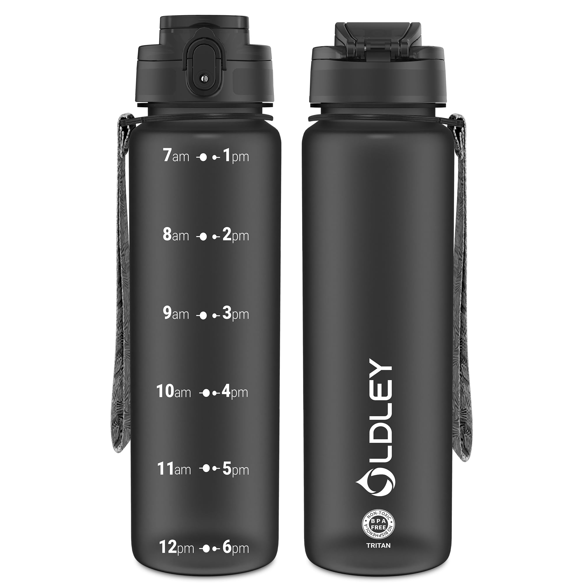 OLDLEY 32 oz Water Bottle, Motivational Water Bottle with Time Marker, Sports Water Bottle With Strap, Leakproof & BPA Free Large Water Bottles for School, Gym, Travel, Outdoor, Tritan, Transparent