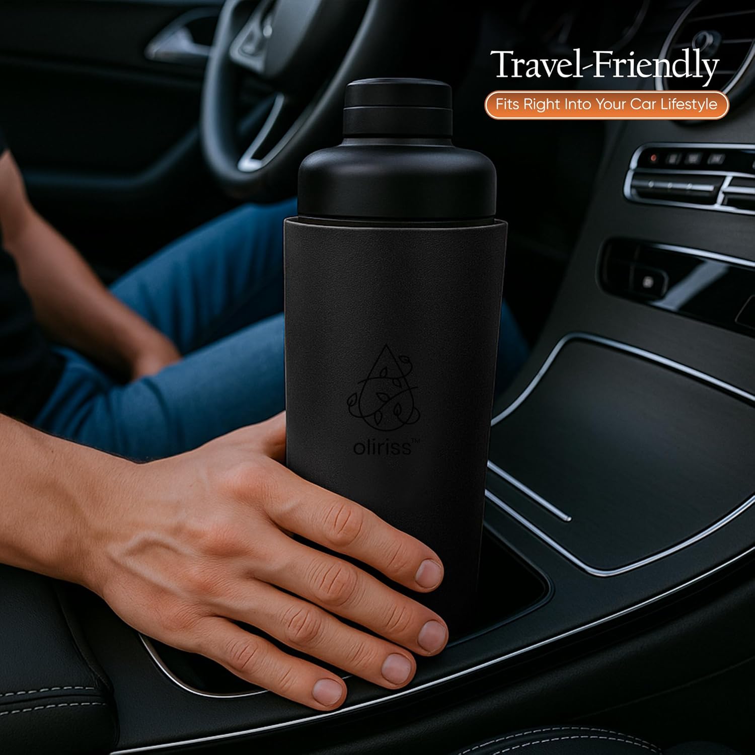 18oz leather stainless steel water bottle (black)