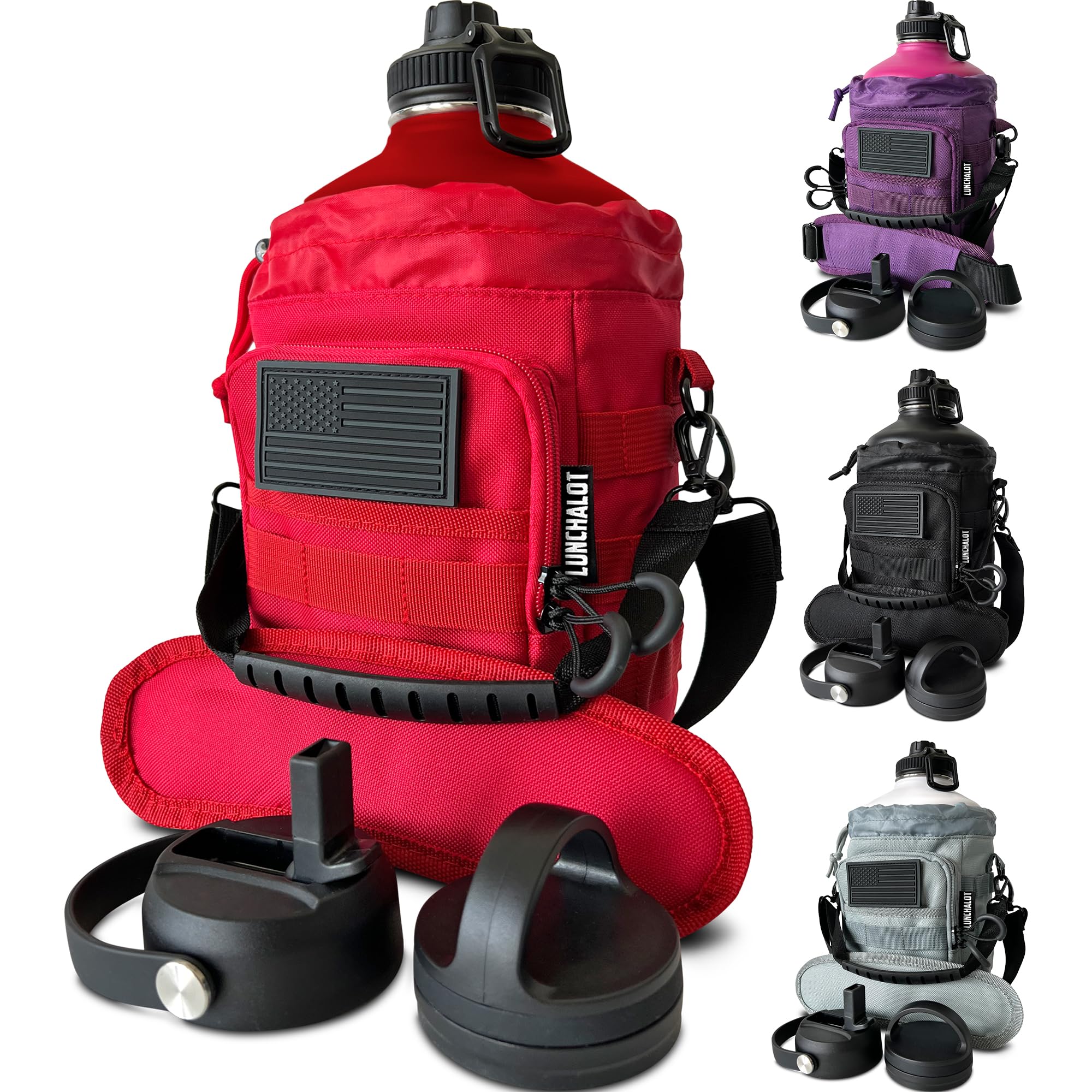 1 Gallon Water Bottle - 128 Oz Insulated Stainless Steel Metal Water Bottle with Holder - Carrying Bag - Spout Handle - Straw Lids - Keep Cold & Hot - Black Tactical Flask