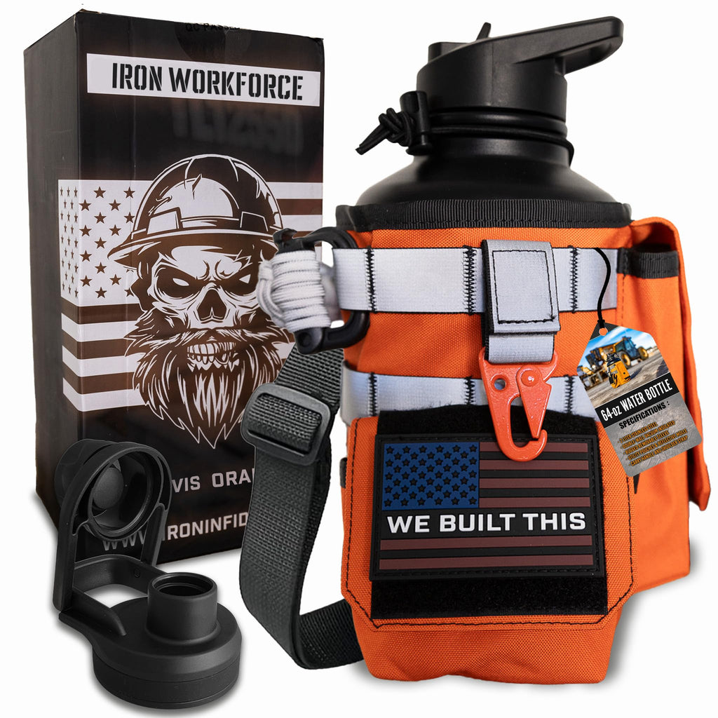 Iron Infidel Workforce Water Bottle - 64 oz Insulated Stainless Steel | Half Gallon Vacuum Water Jug | Paracord Handle, Removable Sleeve | Large Thermal Flask | Hiking, Camping, Workouts (Yellow)