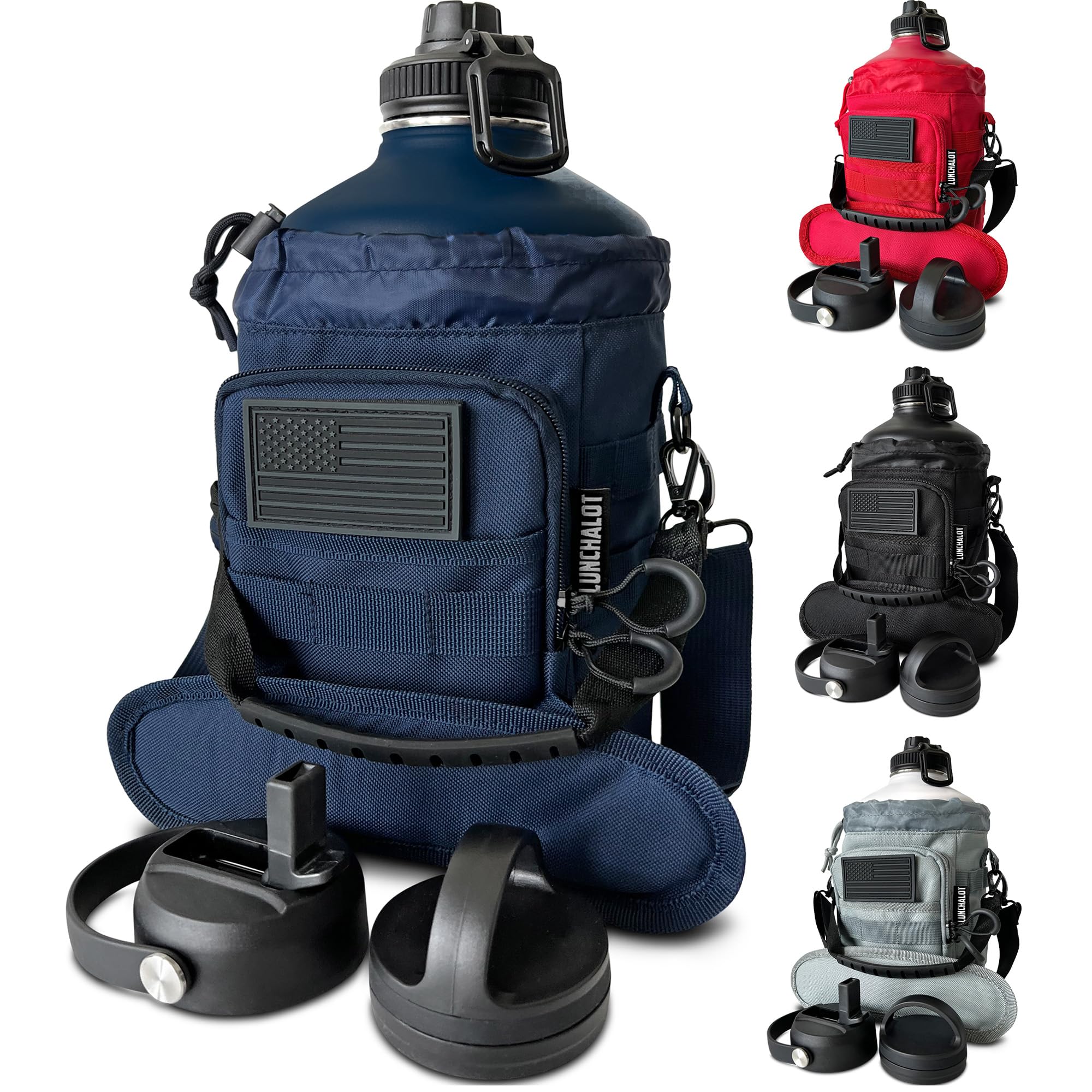 1 Gallon Water Bottle - 128 Oz Insulated Stainless Steel Metal Water Bottle with Holder - Carrying Bag - Spout Handle - Straw Lids - Keep Cold & Hot - Black Tactical Flask