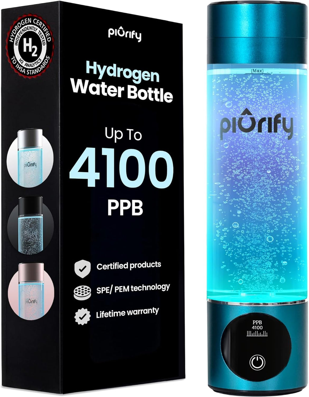 Hydrogen Water Bottle Generator - Up to 4100+ PPB - SPE/PEM Technology - Certified H2 Generator - Portable Athletic Performance & Hydration System - 6-Hour Hydrogen Retention, 10 oz (Turquoise)
