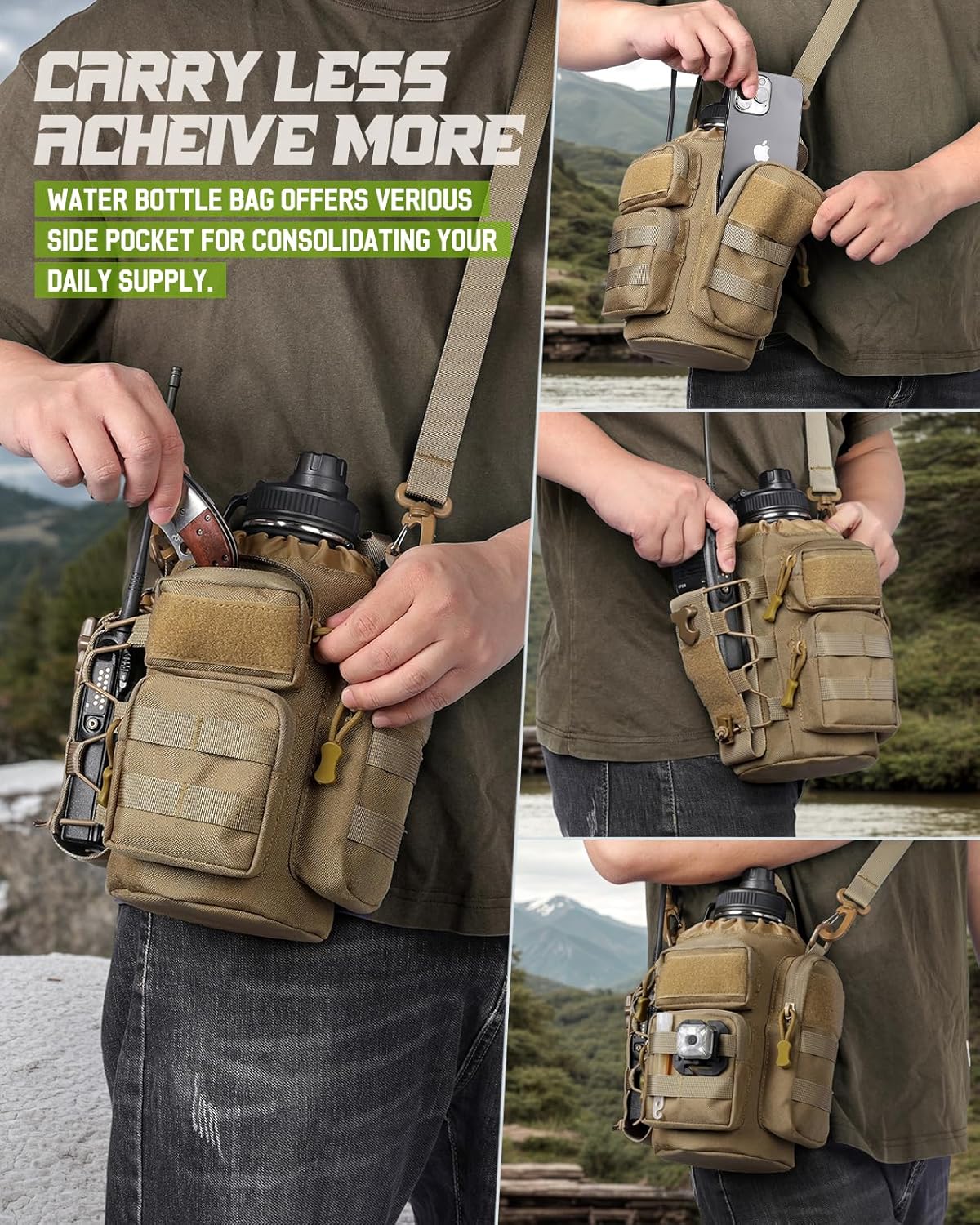 64 oz Insulated Water Bottle with Sleeve, Half Gallon Stainless Steel Tactical Water Jug Large Military Water Bottle with 3-IN-1 Pouch/3 Lids/Straw/Paracord Handle for Gym, Camping, Workout