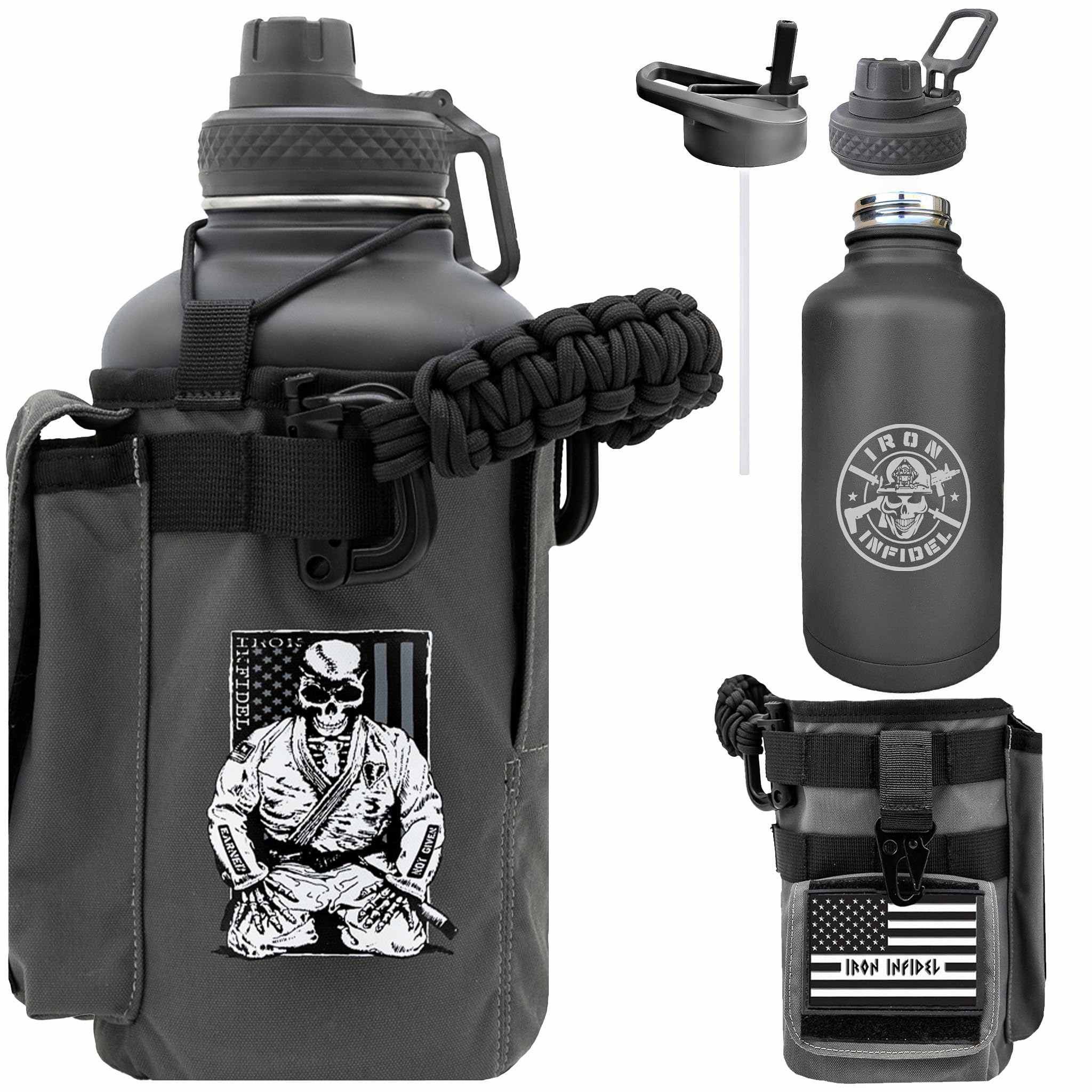 Iron Infidel Battle Bottle - One Gallon Insulated Water Bottle with Dual Carry Handles - 128 oz Tactical Stainless Steel Water Jug & Rugged Extra Large Sleeve With Storage (Betsy 128 Ounces)