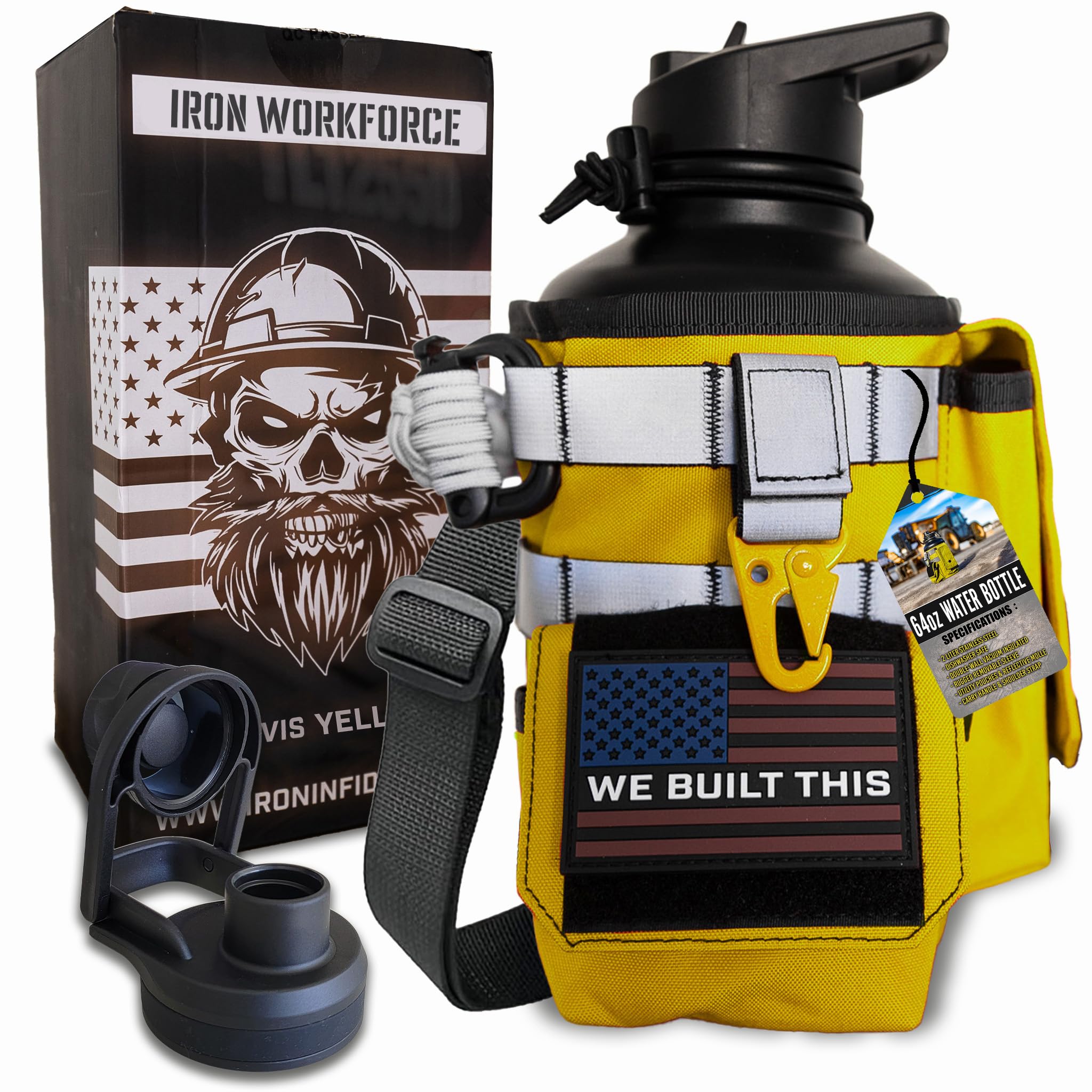 Iron Infidel Workforce Water Bottle - 64 oz Insulated Stainless Steel | Half Gallon Vacuum Water Jug | Paracord Handle, Removable Sleeve | Large Thermal Flask | Hiking, Camping, Workouts (Yellow)