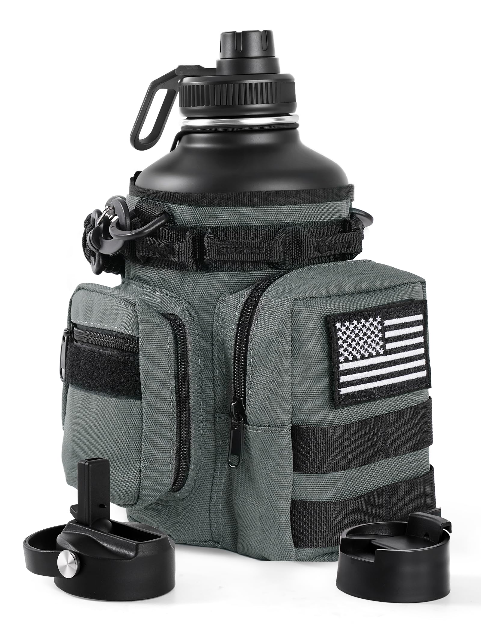Tactical Half Gallon Water Bottle with Straw, 64 Oz Insulated Water Jug with Molle Water Bottle Holder, Stainless Steel Sport Bottle with 3 BPA Free Lids for Gym Workout Hiking (Black)