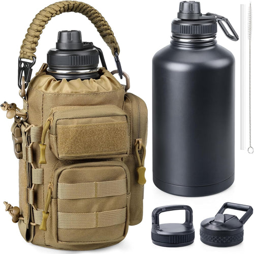 64 oz Insulated Water Bottle with Sleeve, Half Gallon Stainless Steel Tactical Water Jug Large Military Water Bottle with 3-IN-1 Pouch/3 Lids/Straw/Paracord Handle for Gym, Camping, Workout