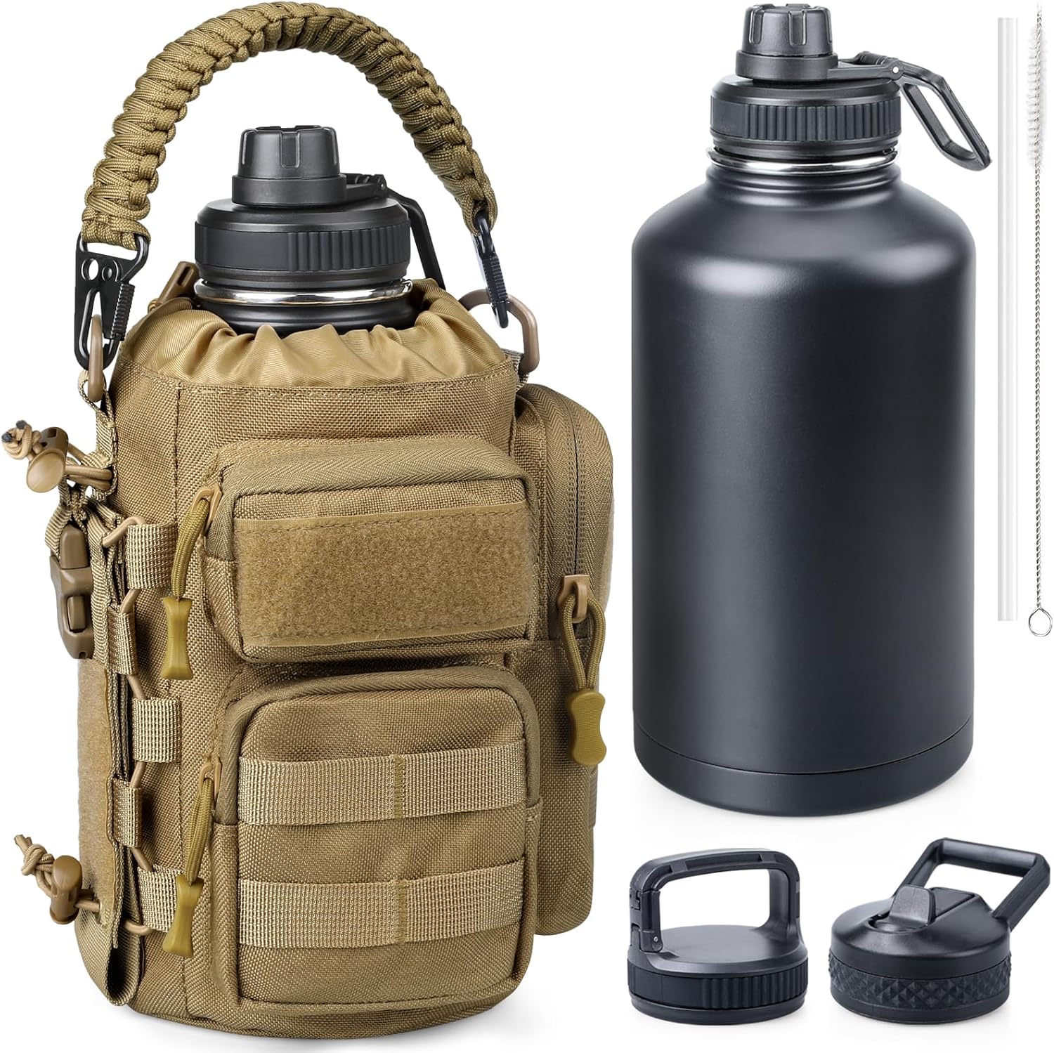 64 oz Insulated Water Bottle with Sleeve, Half Gallon Stainless Steel Tactical Water Jug Large Military Water Bottle with 3-IN-1 Pouch/3 Lids/Straw/Paracord Handle for Gym, Camping, Workout