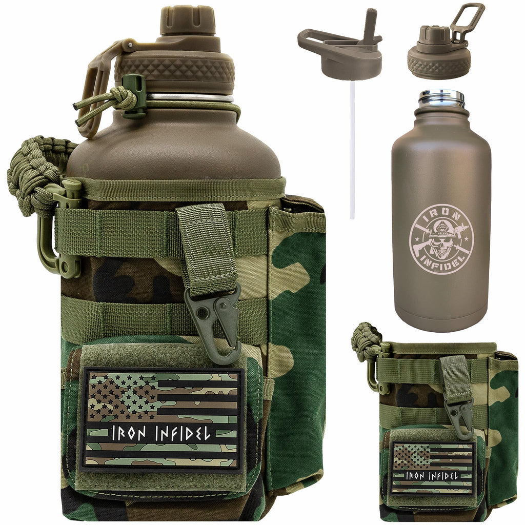 Iron Infidel Battle Bottle - Half Gallon Insulated Water Bottle with Paracord Handle, Large 64 oz Stainless Steel Water Jug with Rugged, Removable Sleeve for Keys, Wallet & Phone (Blue Line 2 Liter)